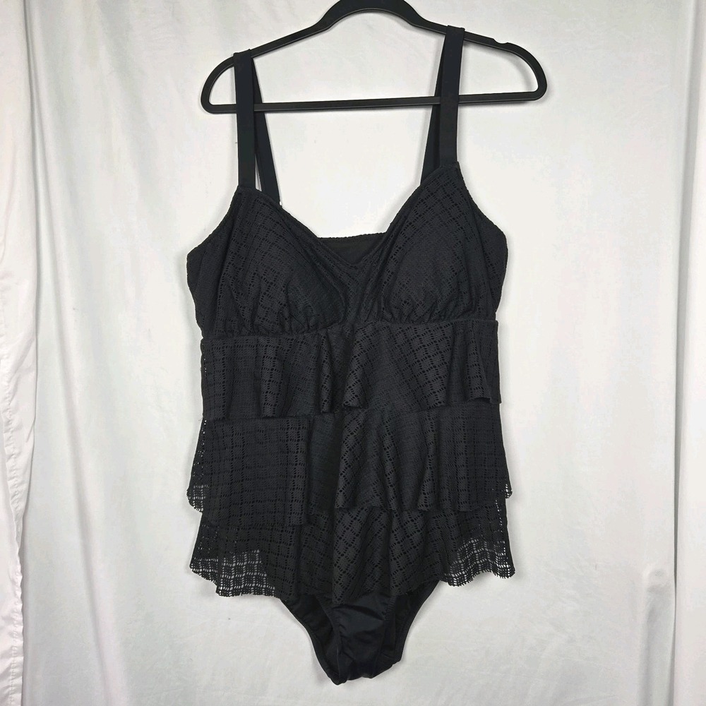 Bal Harbour Womens 18W‎ Swimsuit One Piece Faukini Tiered Crochet Black Beach